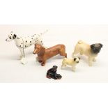 Beswick Dalmatian Ch. Arnoldene, Dachshund, Pug Ch. Cutmil Cupie, small pug and Rottweiler pups (5)