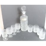 1960's Whitefriars Flint bark effect decanter H34cm with silver Sherry label, 4 sherry glasses, 4