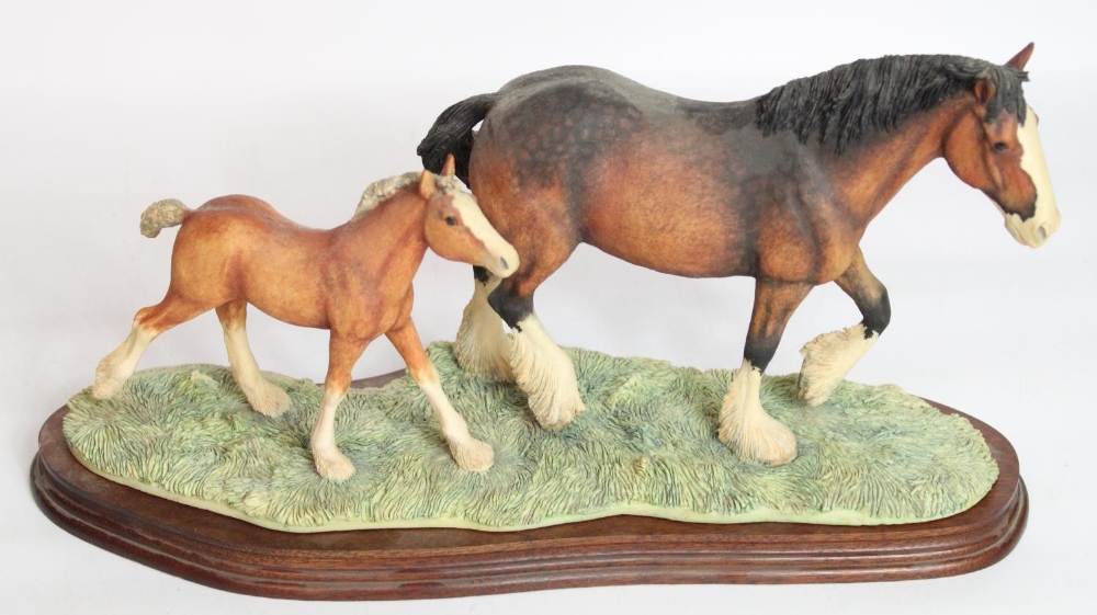 Border Fine Arts group on wooden plinth, New Arrival at Harland Grange, Clydesdale mare and foal,