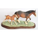 Border Fine Arts group on wooden plinth, New Arrival at Harland Grange, Clydesdale mare and foal,