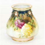 Royal Worcester small vase, tapering body painted with with pink and yellow roses and gilt relief