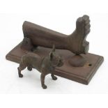 Small C20th cast bronze model of a standing Bulldog, L7cm H6.5cm and a cast iron door knocker in the