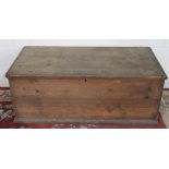 Large Victorian pine blanket box, hinged lid with metal carry handles on skirted base, W119cm