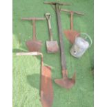 Collection of five vintage garden tools, peat cutters, hay knife, spade and a galvanised steel