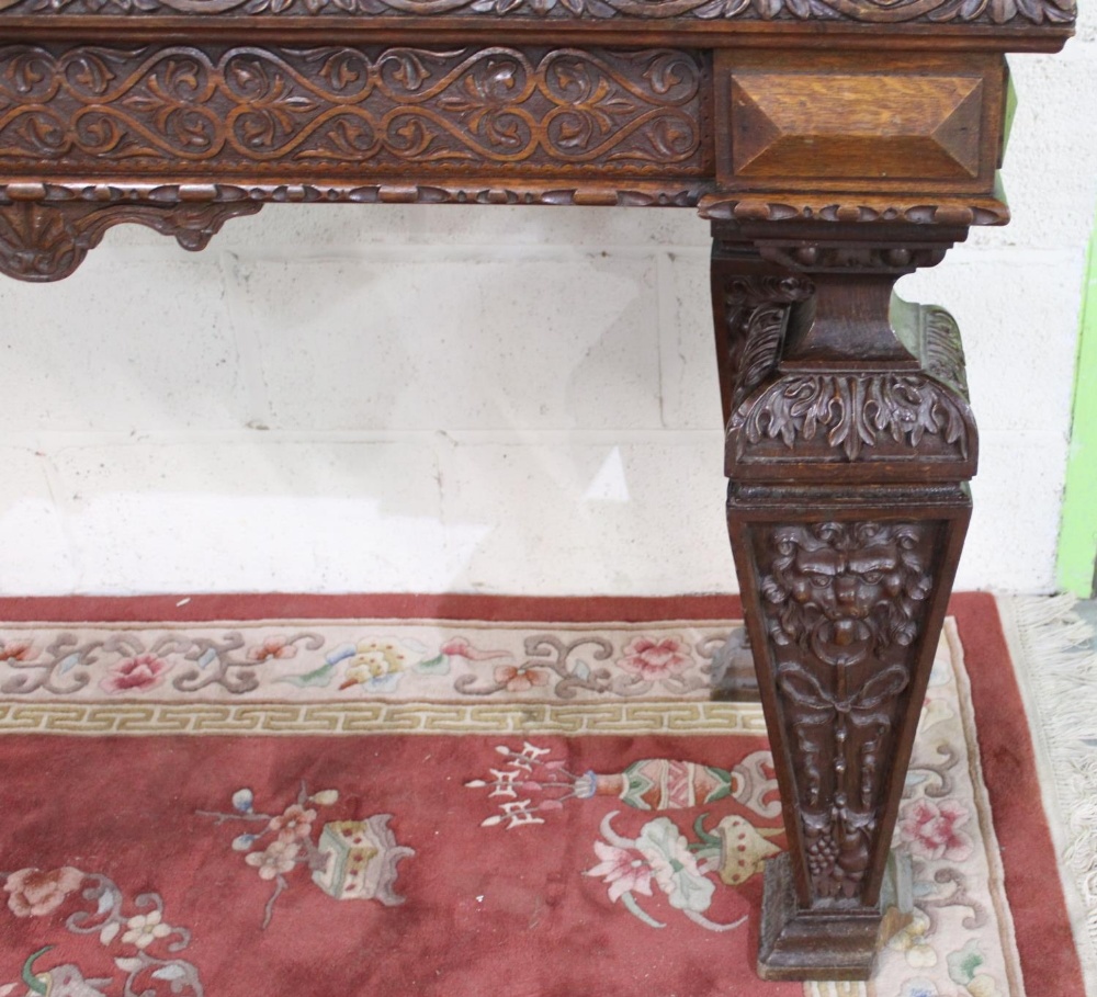 Victorian Jacobeathan revival oak side table, raised back carved with scrolls and foliage, on square - Image 2 of 4