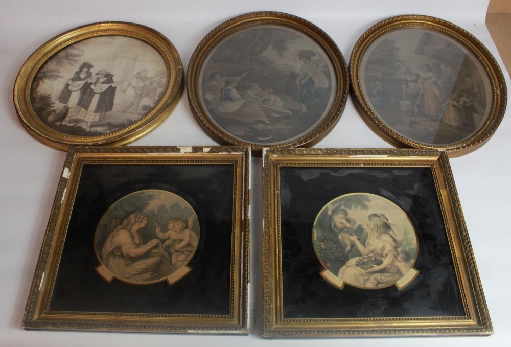 Five gilt framed stipple engravings including two with verre églomisé mounts, max. 40x34cm - Image 3 of 4