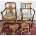 Ducal pine elbow chair, 1930's oak armchair, both with drop in seats, rustic pine stool and