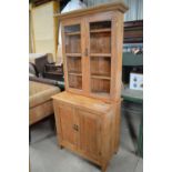 Vintage waxed pine side cabinet, moulded cornice and two glazed doors above two panel doors, W95cm