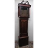 C19th oak and mahogany long case clock case, with swan neck pediment, glazed square door, and shaped