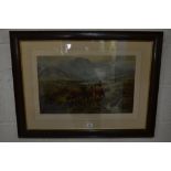After Henry R Hall; 'Sunset on The Loch' colour print in oak frame with gilt slip, 39cm x 59cm