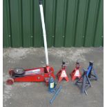 3-ton Sealey wheeled hydraulic trolley jack, TUV 5 ton hydraulic jack and 4 pin locking jacks (6)