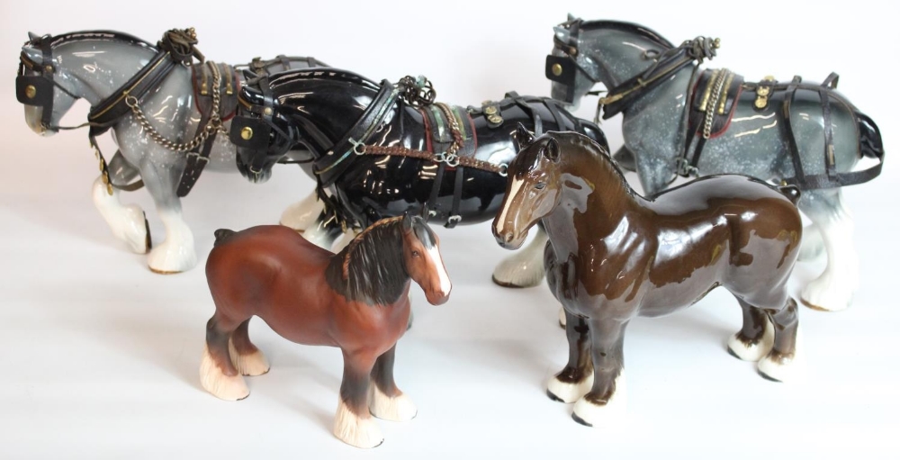 Beswick Shire horse with pink and yellow ribbon, Beswick Shire mare model 818 and three Sylvac