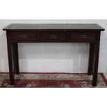 Chinese style hardwood side or serving table, three frieze drawers with brass loop handles on square