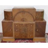 Art Deco oak and walnut sideboard, two tambour doors and fall front above three long drawers and two