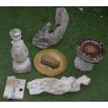 Composite stone bird bath with stand, a single floral plinth, an otter and wood effect water feature