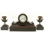 C19th French slate and rouge marble drum head mantel clock, brass bezel with white enamel Roman