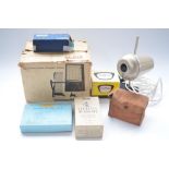 Aldis semi-automatic slide projector with spare magazine and a Halina slide viewer, Ricoh