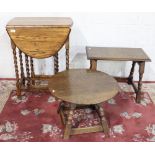 Small 1930's oak oval drop leaf dining table on barley twist supports, oak coffee table with