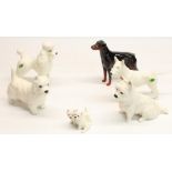 Beswick Poodle model 2339, Doberman, English Bull Terrier Ch. Romany Rhinestone and three West