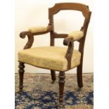 Victorian mahogany desk chair with stepped curved back and curved splat, part upholstered scroll