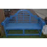 Blue painted Lutyens style wooden garden bench, W166