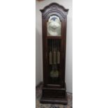 C20th long case clock, with arched brass moon phase Roman dial, oak case with bevelled glass door