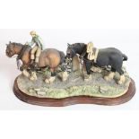 Border Fine Arts group, Coming Home, two heavy horses and rider, on wooden plinth, L35cm