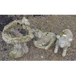 Three reconstituted stone garden ornaments, 2 lambs and a bird bath, H41cm