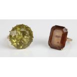 Yellow metal ring set with large rectangular cut Citrine or smoky quartz, marks worn, size L1/2, and