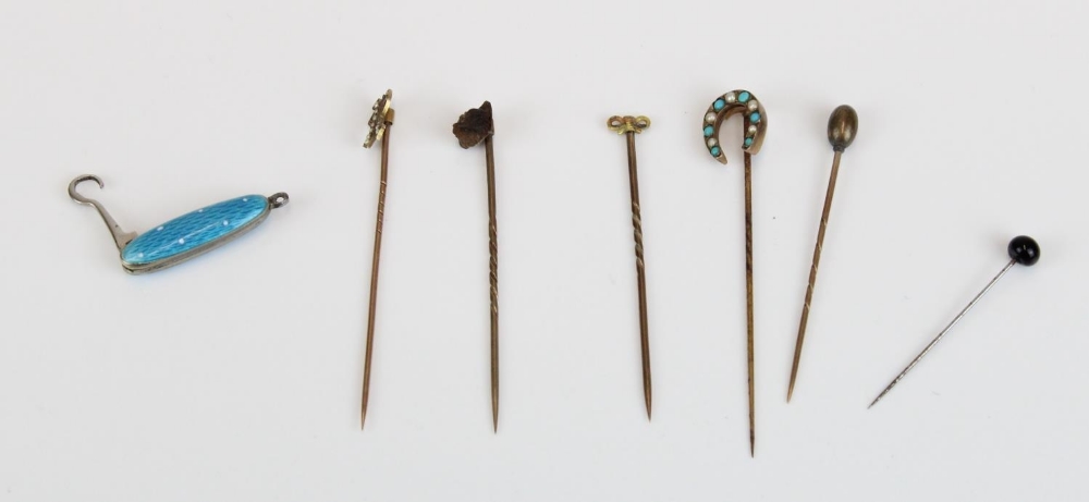 Late 19th/early C20th stick pins incl. carved tigers eye terrier head, turquoise and split seed