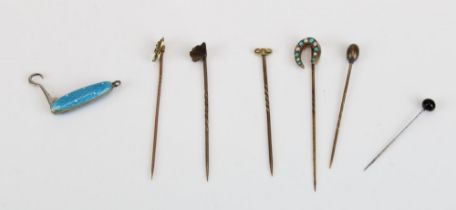 Late 19th/early C20th stick pins incl. carved tigers eye terrier head, turquoise and split seed