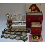 Wedgwood Peter Rabbit Nursery Set, pewter tankard, brass farming plaques, 2 cases of vintage records