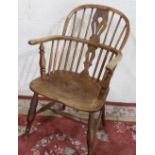Late C19th ash and elm lowback Windsor chair, pierced vase shaped splat and shaped seat on turned