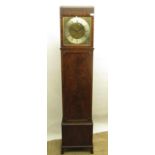 C20th mahogany long case clock with carved Greek key decoration, brass Roman dial with silvered