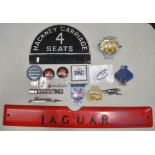 Collection of car hood ornaments and makers badges to include Jaguar, Suzuki, Austin Healey Sprite