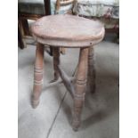 Victorian beech stool, circular top on four turned supports with stretcher, D29cm H50cm