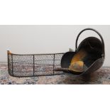 Small Edwardian brass and wirework fender W68cm, and a copper coal helmet with shovel, (3)