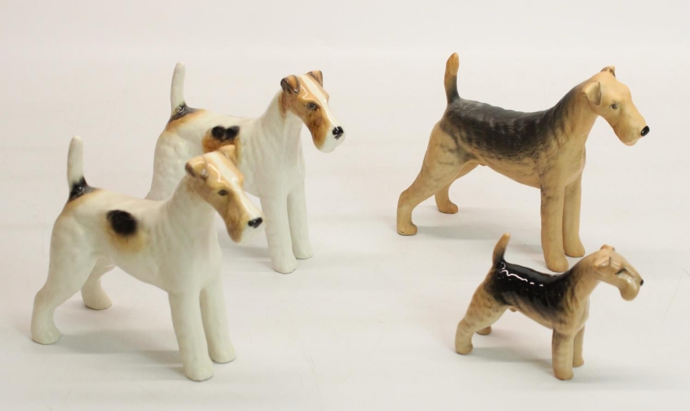 Beswick Wire Fox Terrier Ch. Talavera Romulus (2), Ch. Cast Iron Monarch and small Fox Terrier