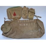 M & Co British military medics webbing bag dated 1942, 2 British Army webbing pouches and a canvas