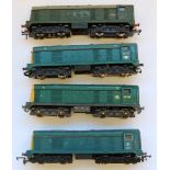 Four Hornby Dublo OO gauge class 20 locomotives in BR green and BR blue