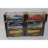 Six 1/18 scale boxed diecast Porsche models, 4 Burago and 2 Maisto to include 2x 911 Carrera in