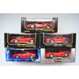 Five 1/18 diecast Ferrari models, 4 Burago and 1 UT Models. Includes F355 Berlinetta (UT), F40 (