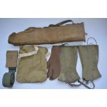 Vintage canvas rifle bag with 5 pockets, no discernible marks, a pair of early US gaiters, pair of