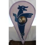 Large Viking re-enactors shield, painted with mythical figure and central boss, approx L135cm