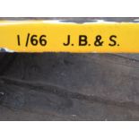 British Rail distant signal arm, yellow and black enamel, marked J.B. & S 1/66 BR, L106cm