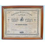 Confederate States Of America 1863 $1000 loan bond with coupons, framed 39.3x31.8cm