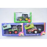Three 1/32 tractor models by Siku to include John Deere 5820, Fendt Farmer 308LS, Massey Ferguson MF