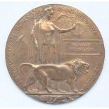 WW1 bronze Death Penny plaque to Norman Richardson with envelope