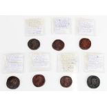 Seven Antonius Pius 138 - 161AD Roman sestertius coins, incl. Fortune holding a rudder and