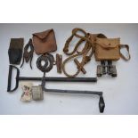 Collection of military field tools and equipment including a set of British folding wire cutters and